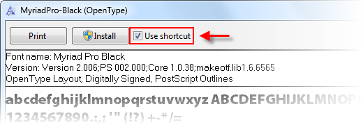 在 Windows7 上安装字体快捷方式：勾选“use shortcut” -快享duduyu.net