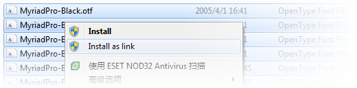 在 Windows7 上安装字体快捷方式：右击，选择“Install as link” - 快享duduyu.net